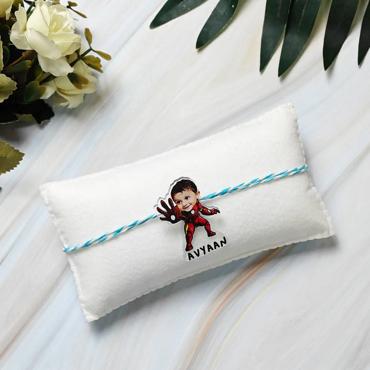 Photo Personalized Reusable Caricature Iron Man Theme Acrylic Kids Rakhi
