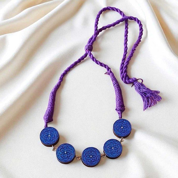 Handmade Blue Round Floral Wooden Necklace
