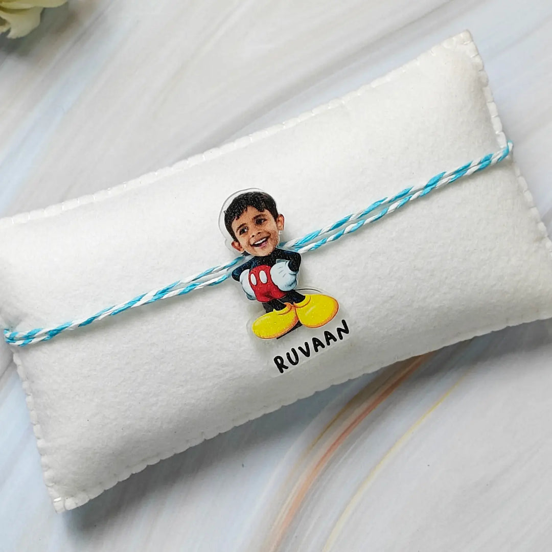Photo Personalized Reusable Caricature Mickey Theme Acrylic Kids Rakhi