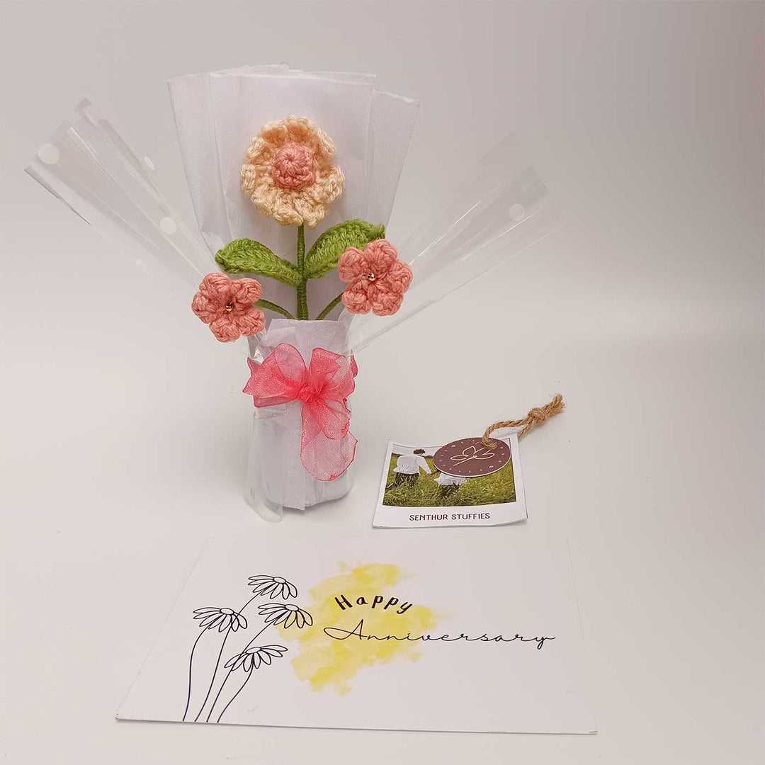 Handmade Crochet Cream & Peach Mini Flower Bouquet | Includes Photo & Greeting Card