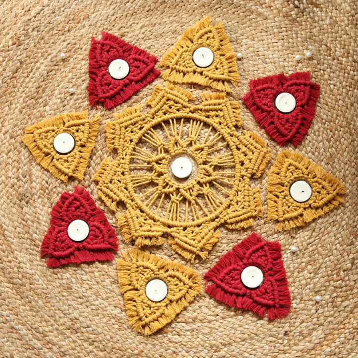Handmade Macrame Rangoli Design Cotton Tealight Holder | Includes 1 Center Piece, 8 Small Pieces And 10 Tea Light Candles