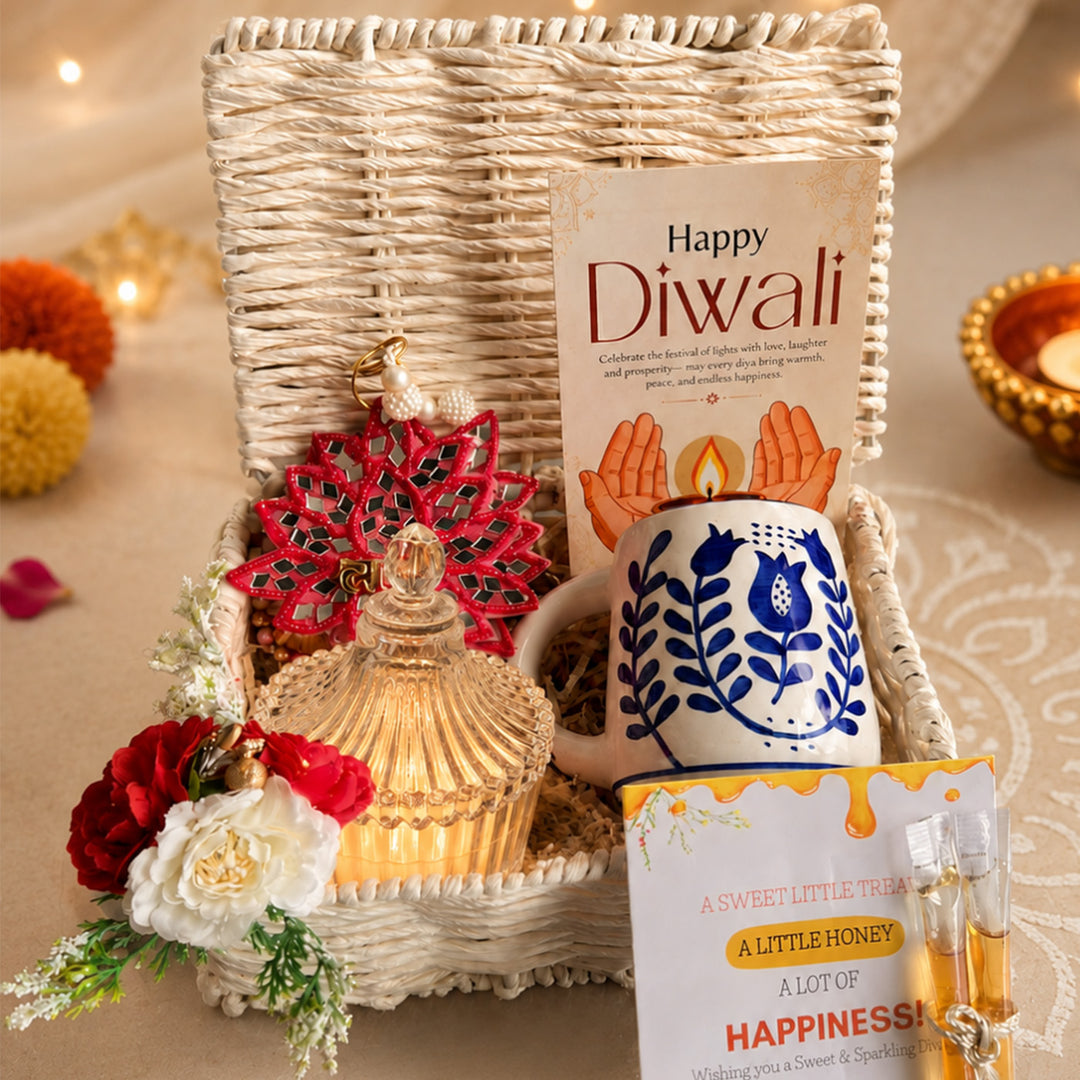 Ivory Shubh Labh White Basket Diwali Gift Hamper With Glass Candle And Blue Mug For Festive Gifting