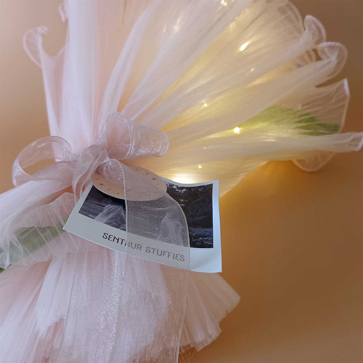 Handmade Crochet Misty Pink Flower Bouquet With Lights | Includes Photo & Greeting Card
