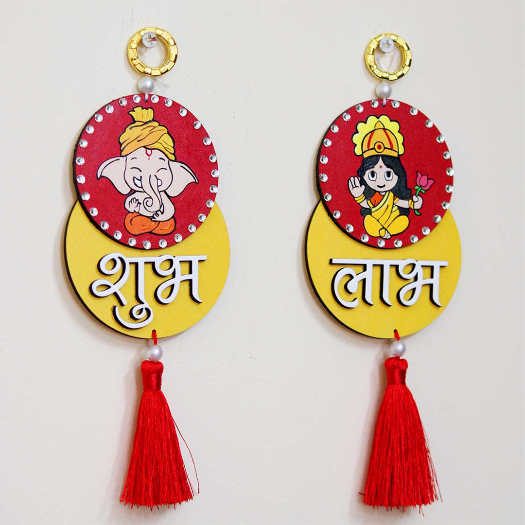2 Pc | Hand-Painted Lakshmi And Ganesh Ji Design MDF Shubh Labh Hangings