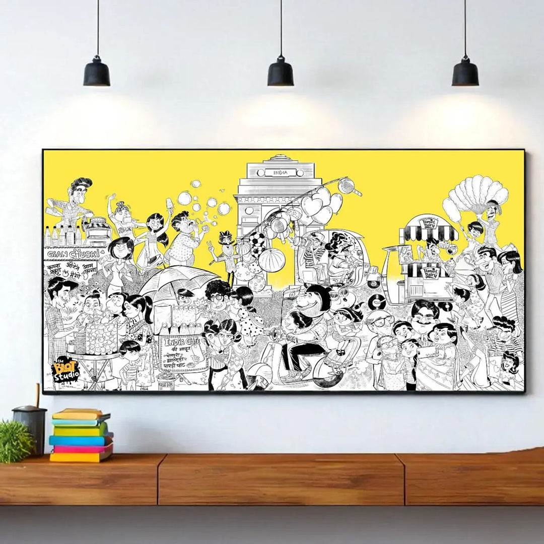 India Gate Quirky Comic Style Printed Wall Art | 19x9 Inch | Unframed