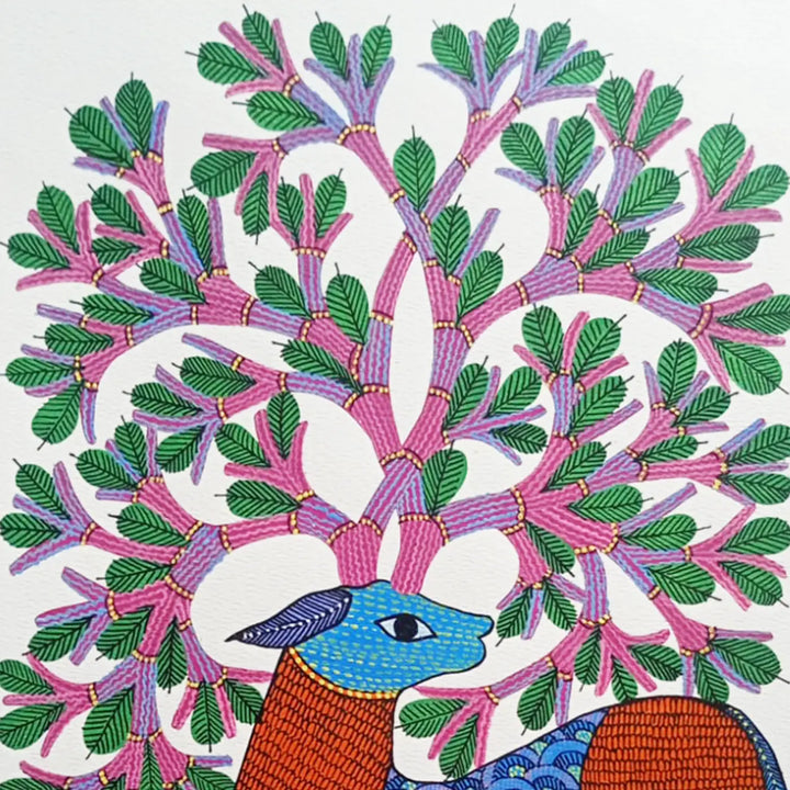 11 x 16 Inch | Deer With Tree | Original Hand Painted Tribal Gond Art Painting | Acrylic Paint On Paper