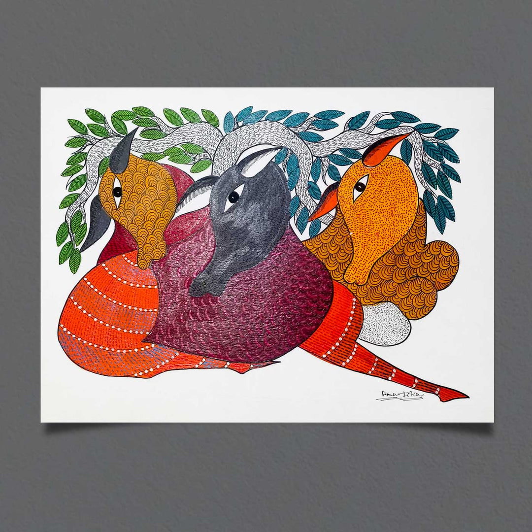 11 x 15 Inch | In the Shade of the Tree | Original Hand Painted Tribal Gond Art Painting | Acrylic Paints On Paper