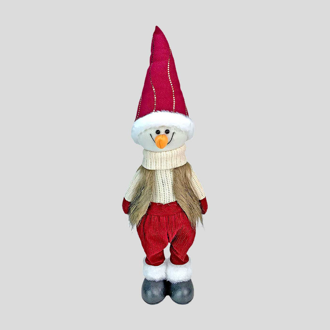 Cream Maroon Gold Self-Standing Snowman Woolen Decor For Christmas Table Decoration