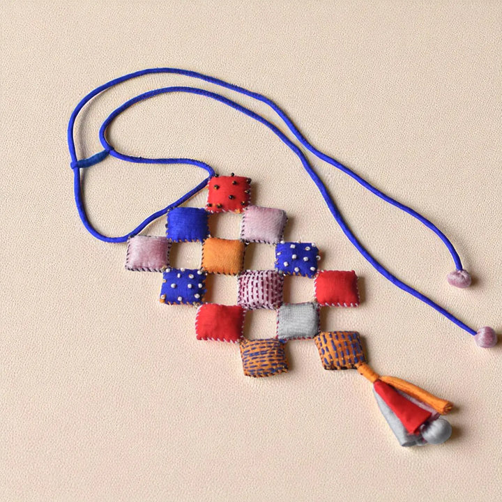 Handmade Textile Art Diamond Shaped Dupion Silk Fabric Necklace