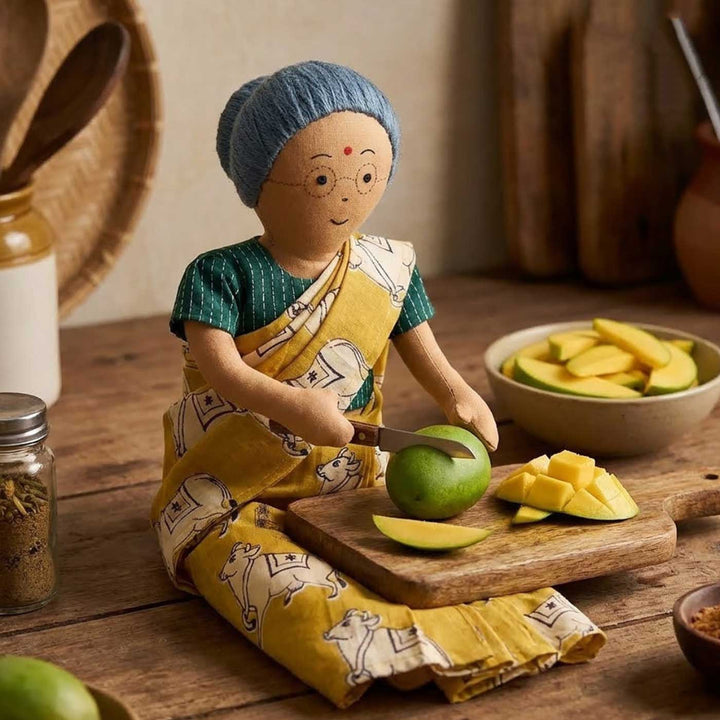 Nilah's Patti (Grandmother) In Yellow & Green Saree | Soft Hand-Stitched Sustainable Indian Play Doll