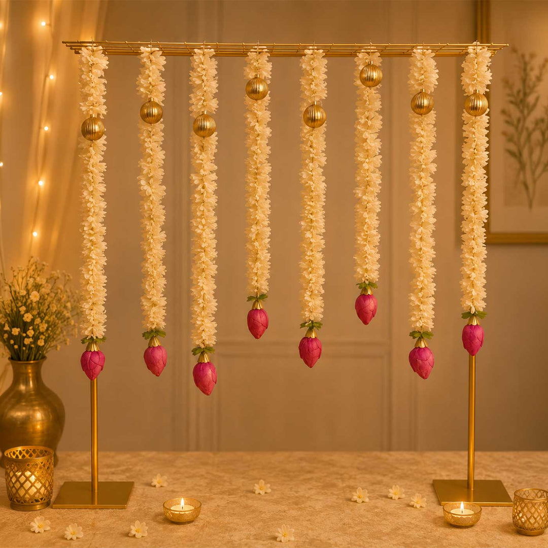 Lotus Tassel Pooja Backdrop Decor Kit With Jaali Stand