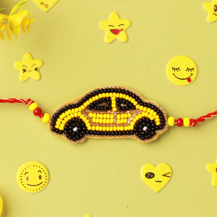 Handmade Beaded Black & Yellow Car Kids Rakhi With Roli Chawal
