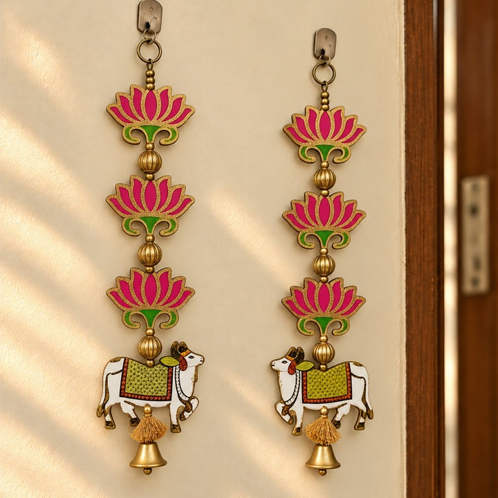 Handmade Pink Lotus & Nandi Hanging With Bell | Set Of 2