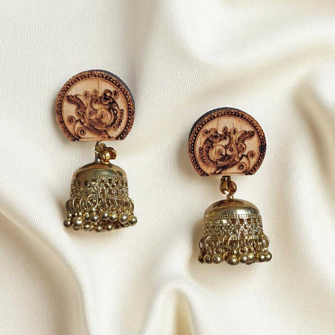 Handmade Golden Parrot Design Jhumka Wooden Earrings