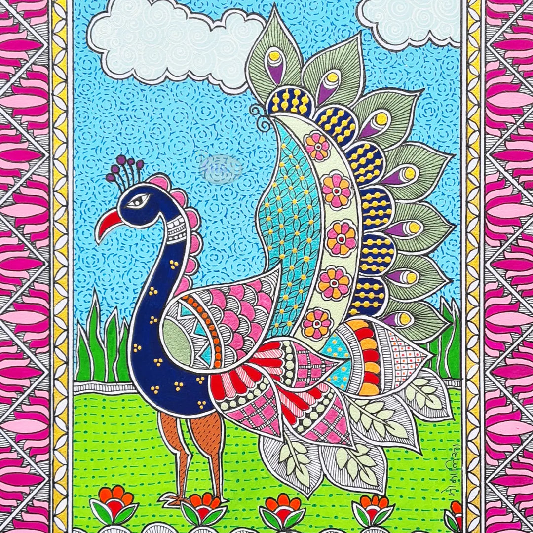 8 x 12 Inch | Peacock Garden | Original Hand Painted Madhubani Painting On Paper