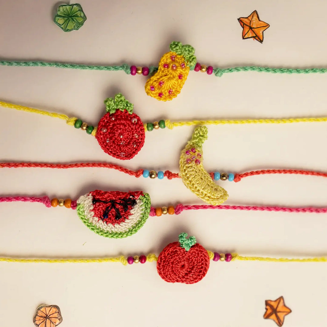 Handmade Crochet Fruits Theme Kids Rakhi With Roli Chawal | Set Of 5