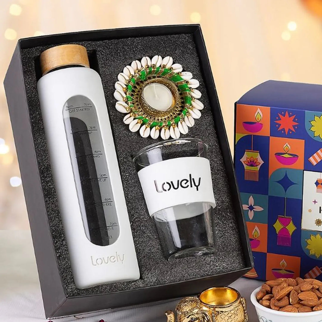 Personalized Diwali Gift Hamper | Includes 1 Bottle, 1 Glass, 1 Elegant Diya