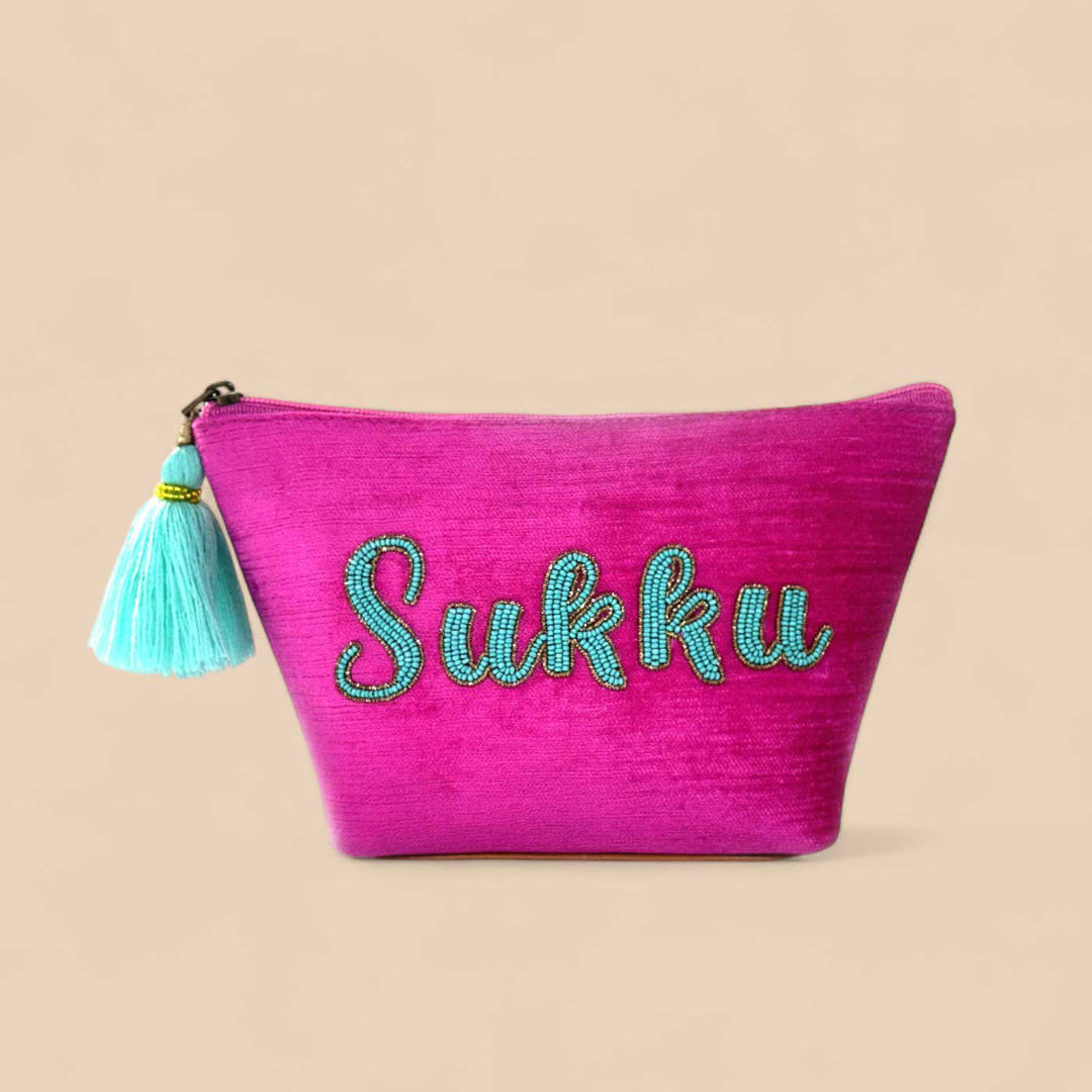 Personalized Handmade Embroidered Blue And Pink Velvet Pouch