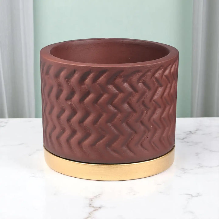 Handmade Brown Terracotta Planter With Gold Tray