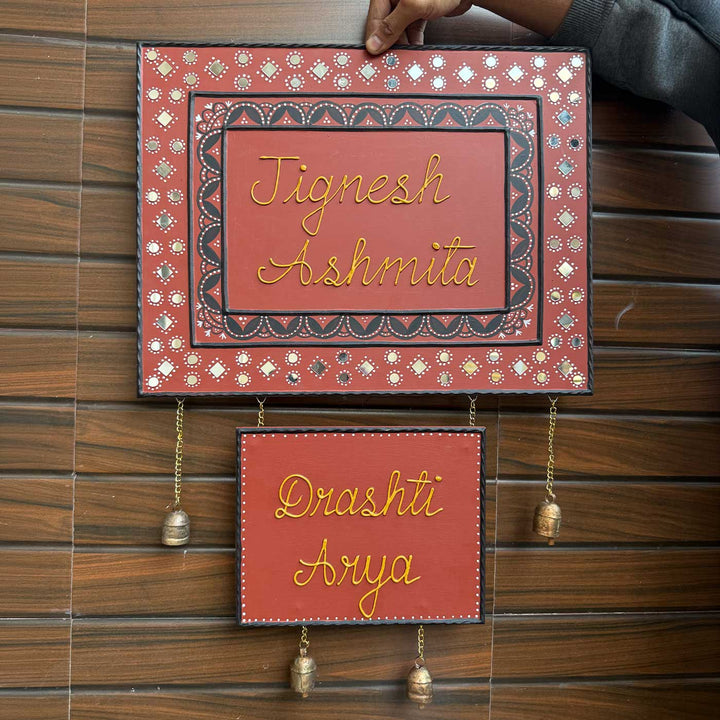 Personalized Handcrafted Lippan Art Hanging Bells MDF Name Plate For Home