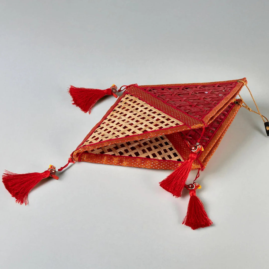 Red Diamond Shaped Handmade Woven Bamboo Zari Border Hanging Lampshade
