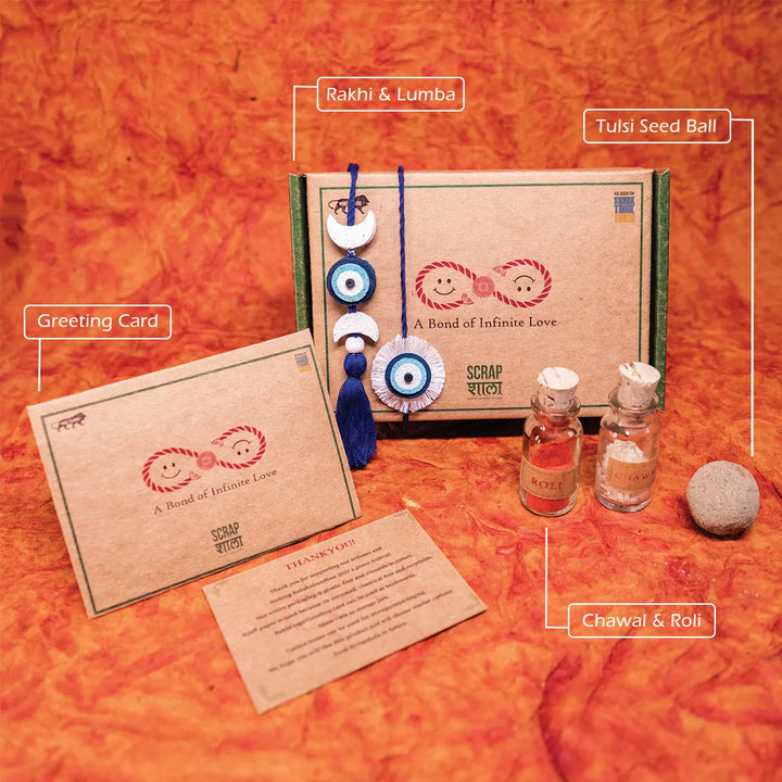Nazarbattu Plantable Handmade Cork Sibling Rakhi Hamper With Roli Chawal - Labeled Product Components
