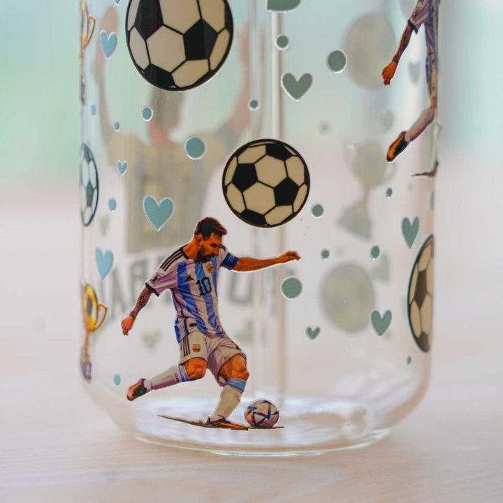 Cute Printed "Messi" Theme Glass Tumbler With Straw For Kids