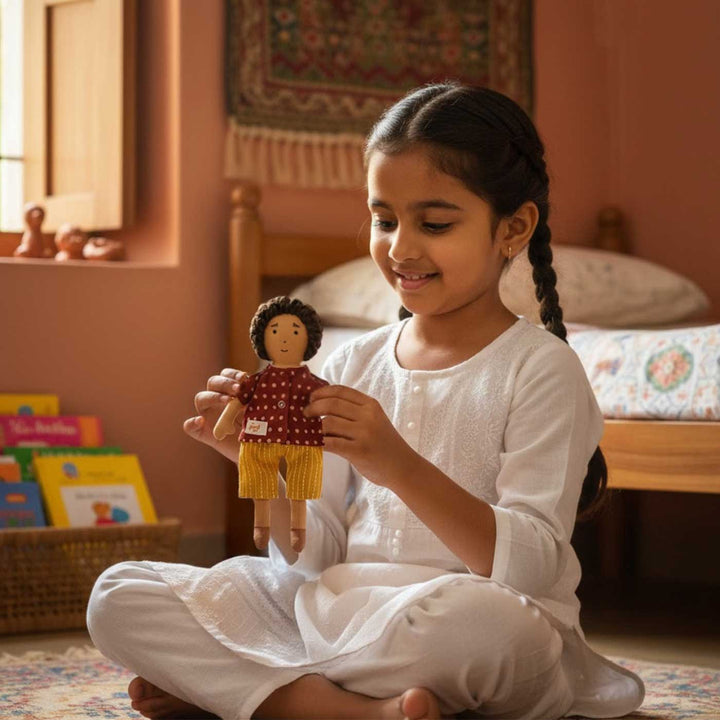 Nilah's (Younger Brother) Raagu In Red Shirt & Yellow Pant | Soft Hand-Stitched Sustainable Indian Play Doll
