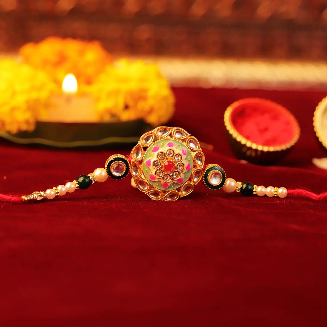 Handmade Green Mandala Meenakari Rakhi With Roli Chawal