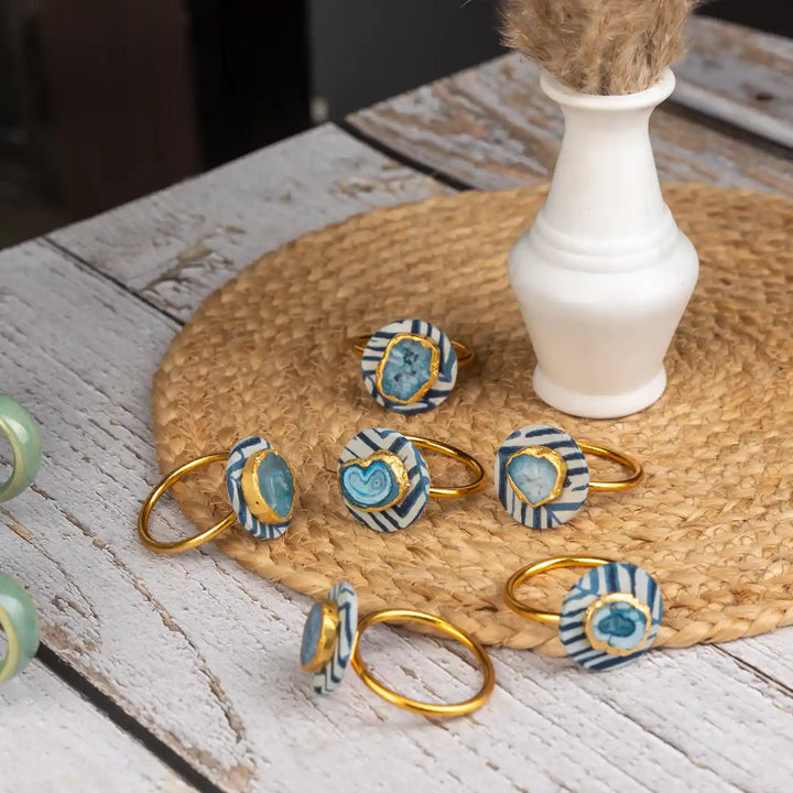 Blue Cotton Fabric Coated MDF Napkin Rings With Agate Accent | Set of 6