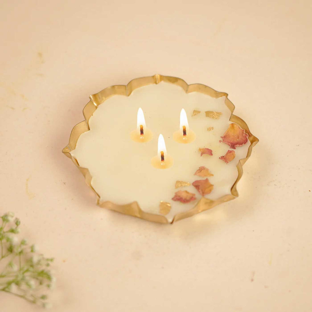 5 Inch | Handmade Floral Soy Wax Brass Urli Diya