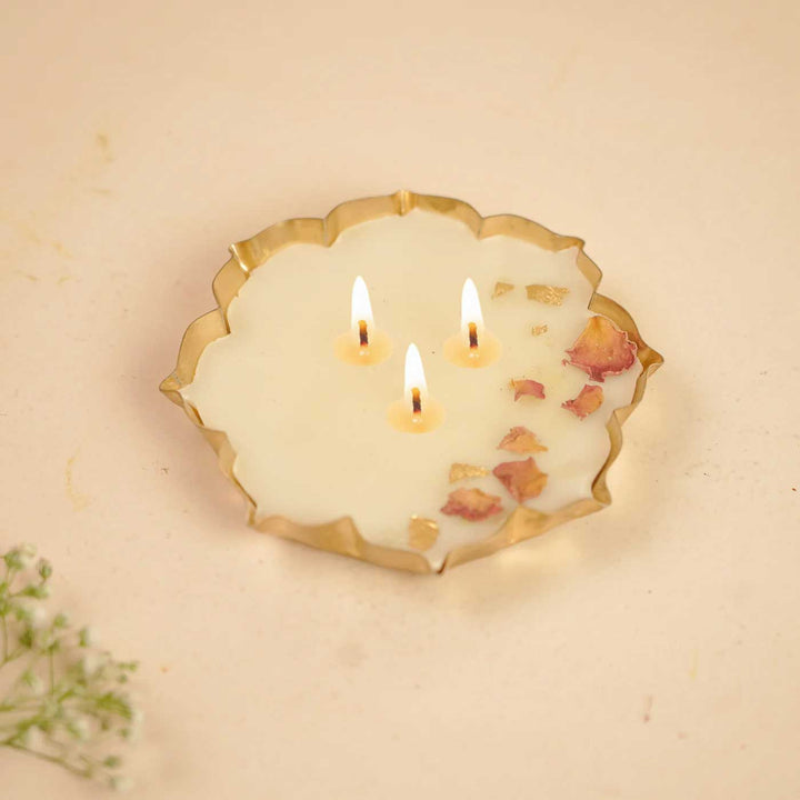 5 Inch | Handmade Floral Soy Wax Brass Urli Diya