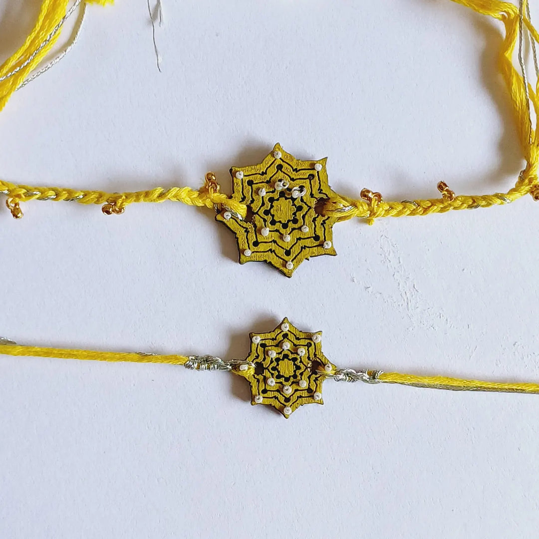 Handmade Reusable Yellow Star Shape Ghungroo & Beads Wooden Bhaiya Bhabhi Rakhi With Roli Chawal