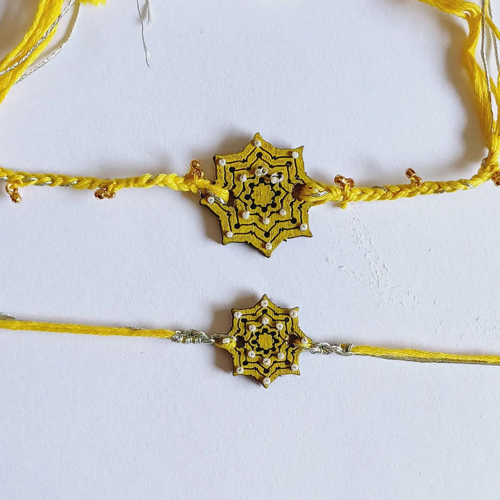 Handmade Reusable Yellow Star Shape Ghungroo & Beads Wooden Bhaiya Bhabhi Rakhi With Roli Chawal