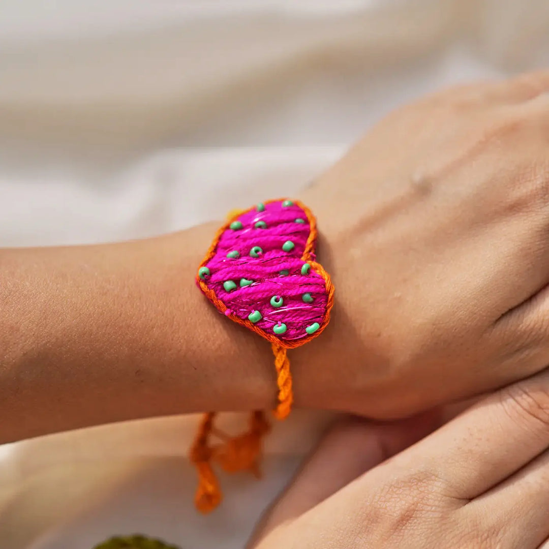 2 pc Rakhi + Brass Thali Set | Premium Dil Vali Beads & Pom Pom Rakhi Set with Roli Chawal