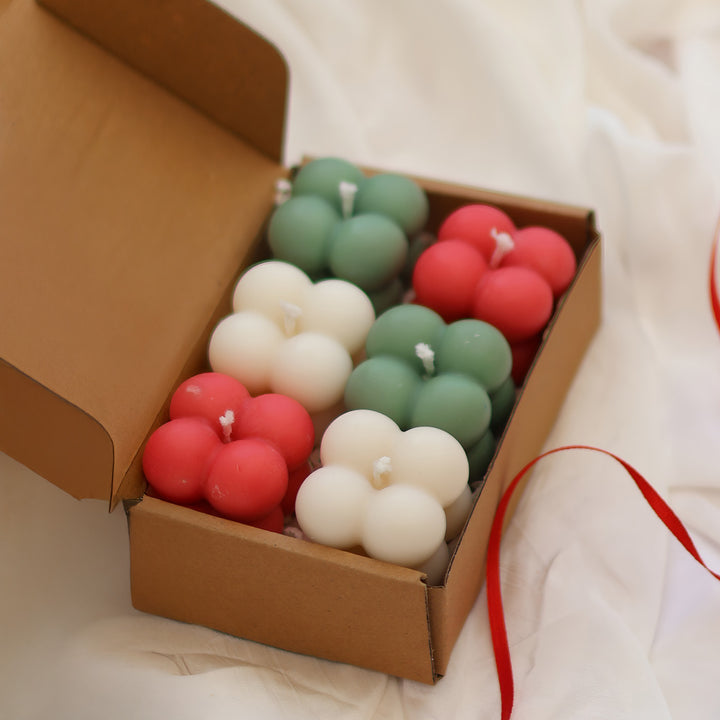 6 Pc | Handmade White, Red & Green Bubble Soy Wax Candles
