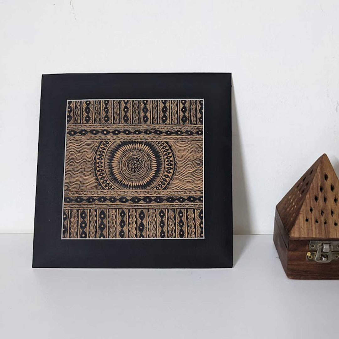 8 x 8 Inch | Black On Tea Treated Paper | Traditional Black & Brown Madhubani Style Drawing With Frame