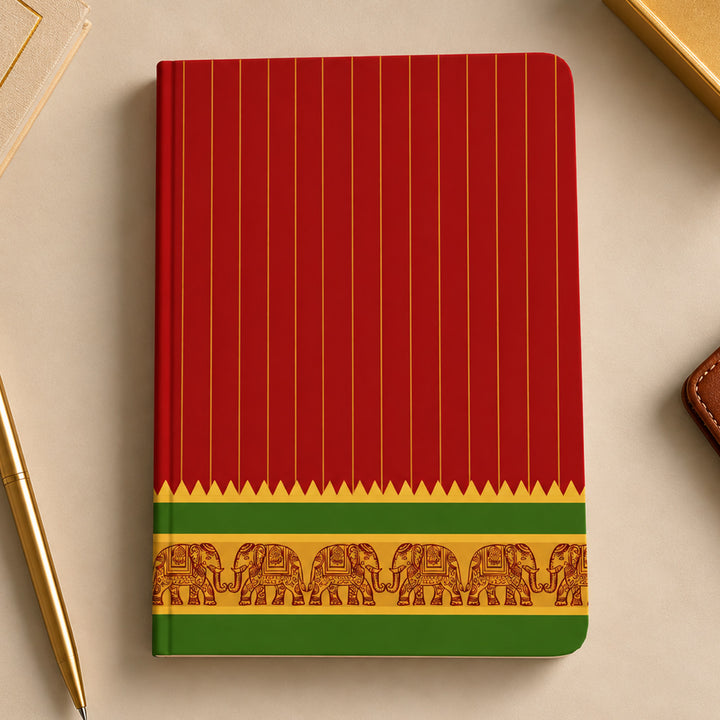 Red Striped A5 Journal With Kanchipuram Weaves Heritage Cover For Festive Gifting