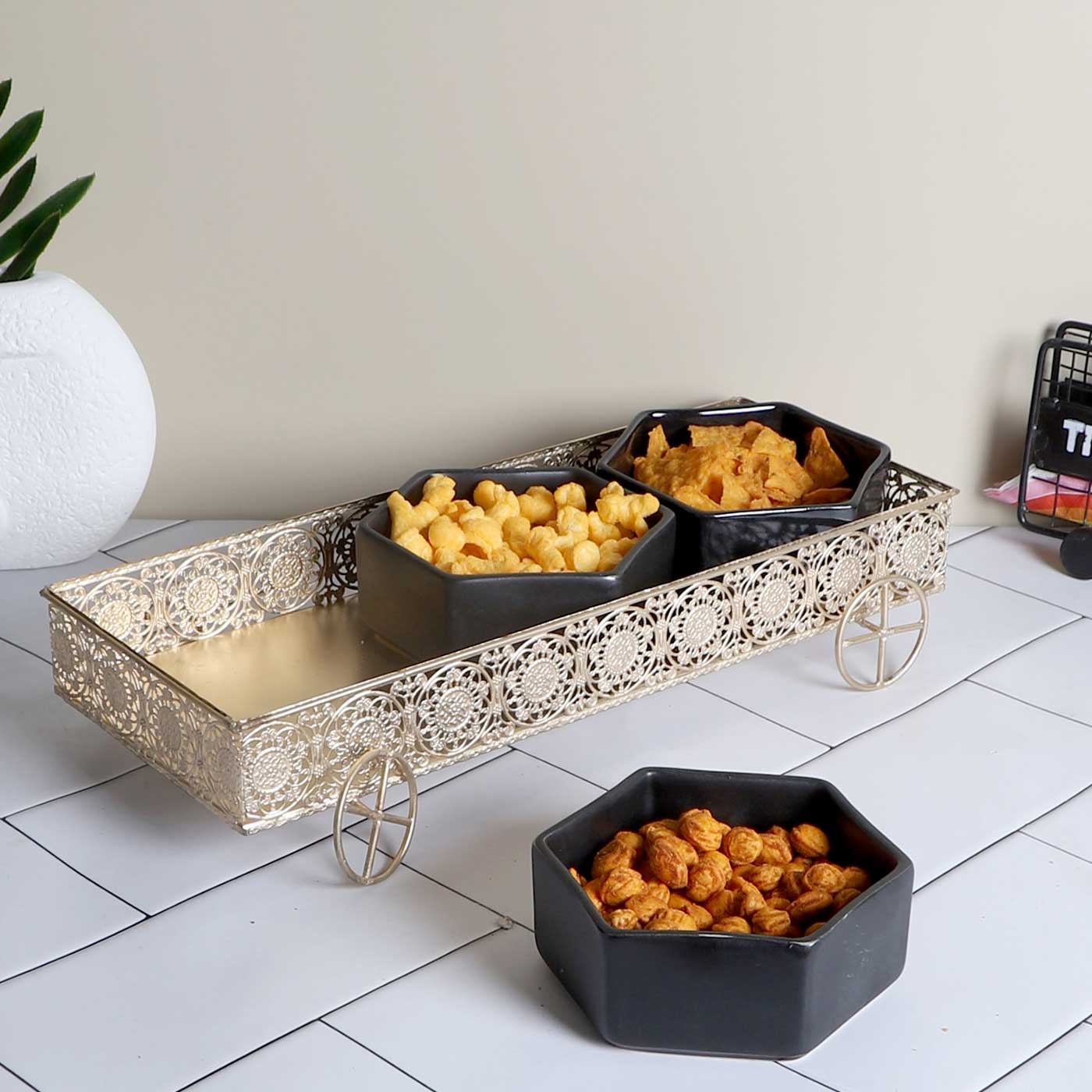 Buy Handmade Metal Thela With Three Ceramic Bowls | Set Of 4 Online On ...