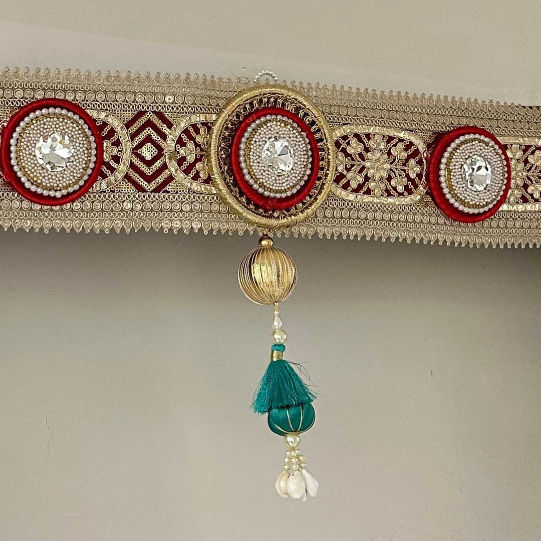 Handmade Beaded Red Peacock Design Jute Toran