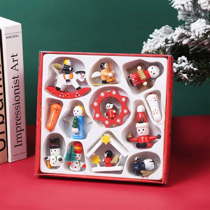 Handmade Joyful Jingle Wooden Ornaments For Christmas Tree Decoration | Set Of 12