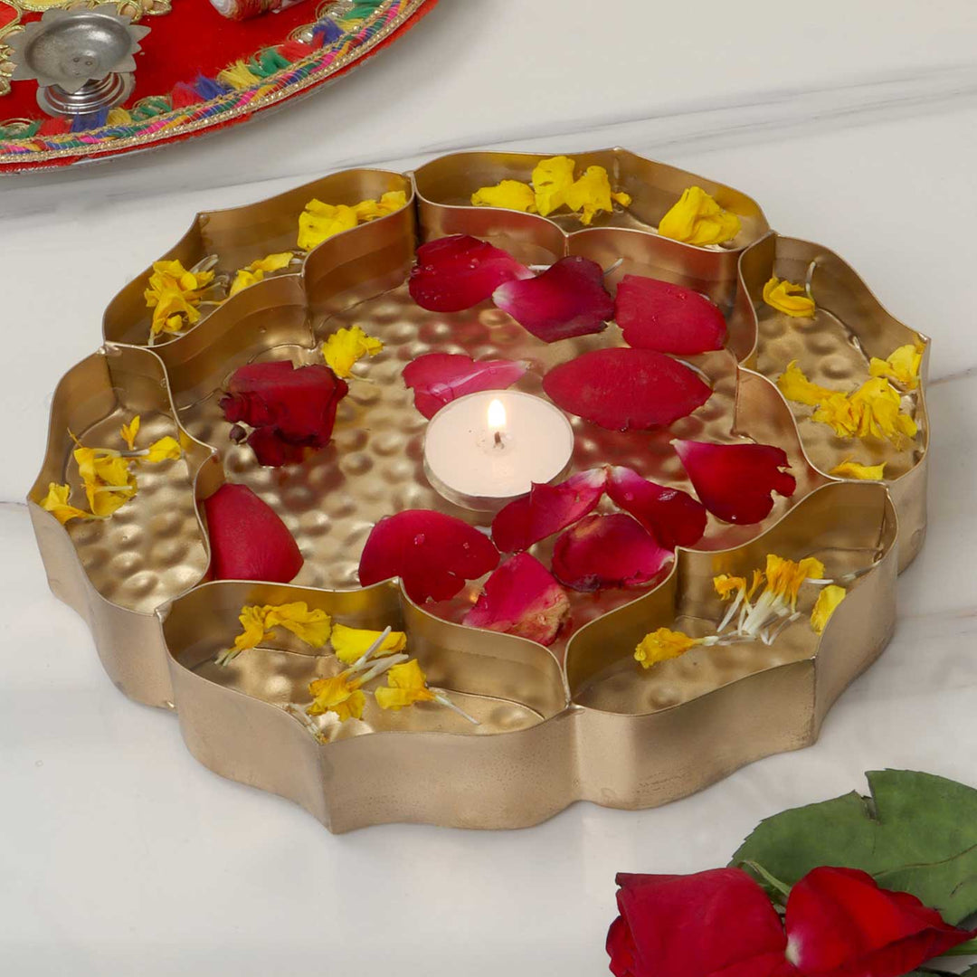 Handmade Gold Etched Flower Shape Partition Urli For Festive Decor
