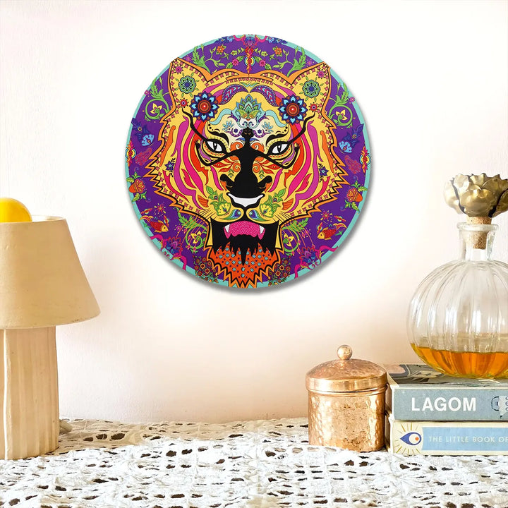 Printed Round Floral Tiger Theme MDF Wood Wall Decor