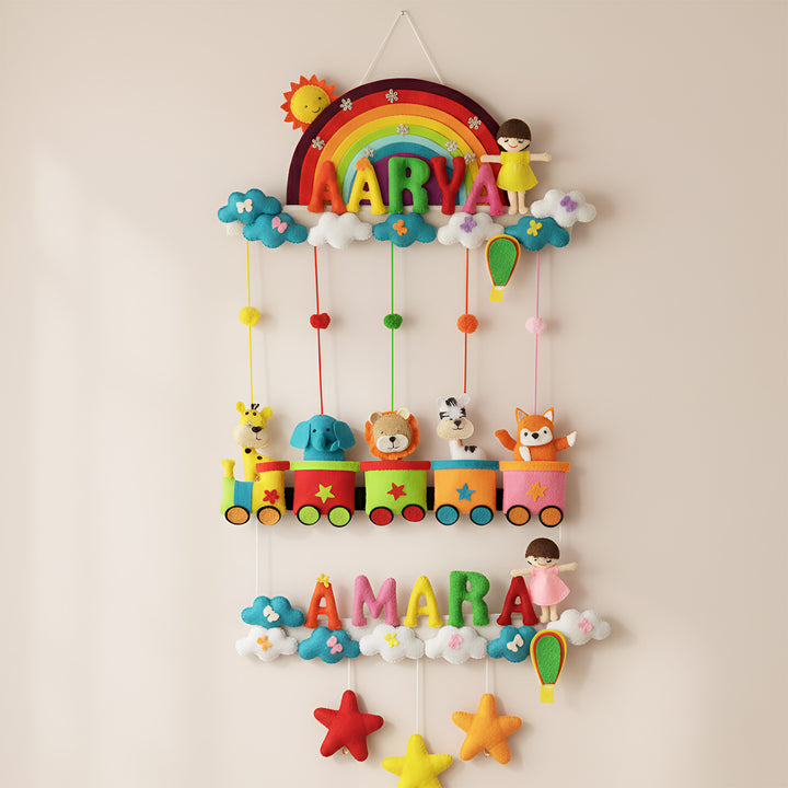 Personalized Handmade Animal Train Theme Felt Kids Name Plate For Siblings