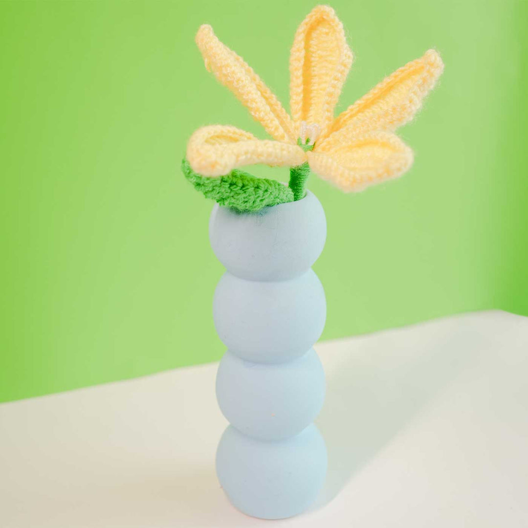 Handmade Crochet Yellow Lily With Stacked Tired Pottery Ceramic Vase