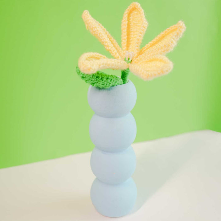 Handmade Crochet Yellow Lily With Stacked Tired Pottery Ceramic Vase
