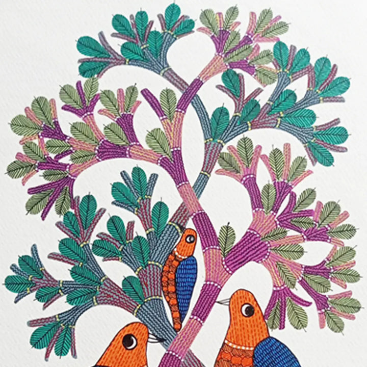 11 x 16 Inch | 3 Birds on Tree | Original Hand Painted Tribal Gond Art Painting | Acrylic Paint On Paper