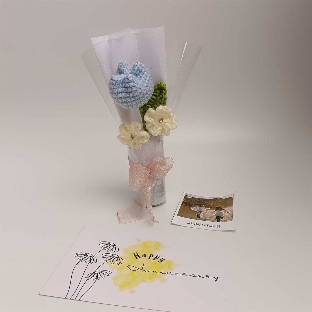 Handmade Crochet Blue Tulip Mini Flower Bouquet | Includes Photo & Greeting Card