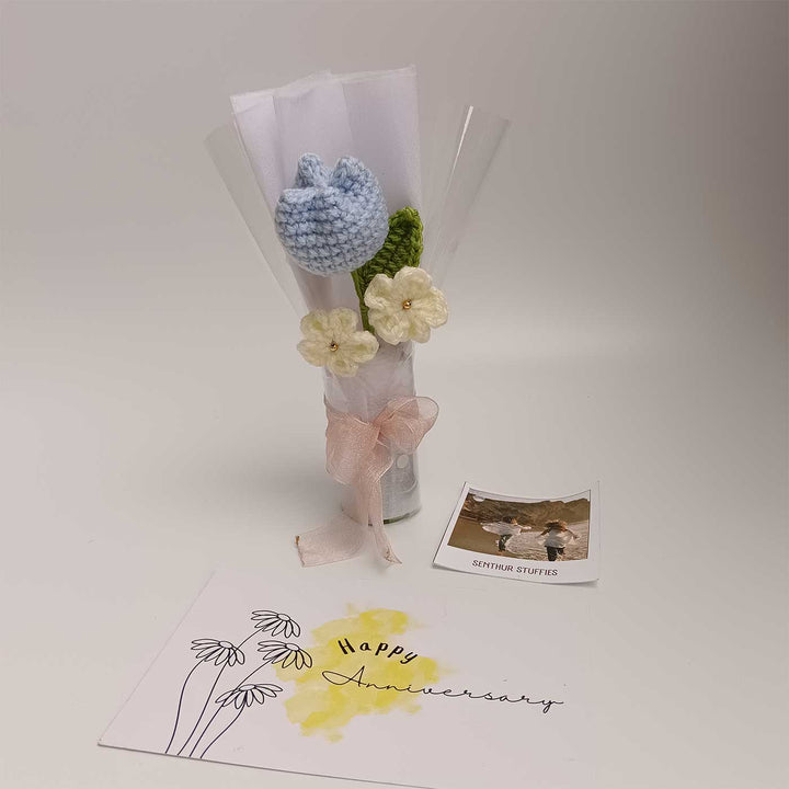 Handmade Crochet Blue Tulip Mini Flower Bouquet | Includes Photo & Greeting Card