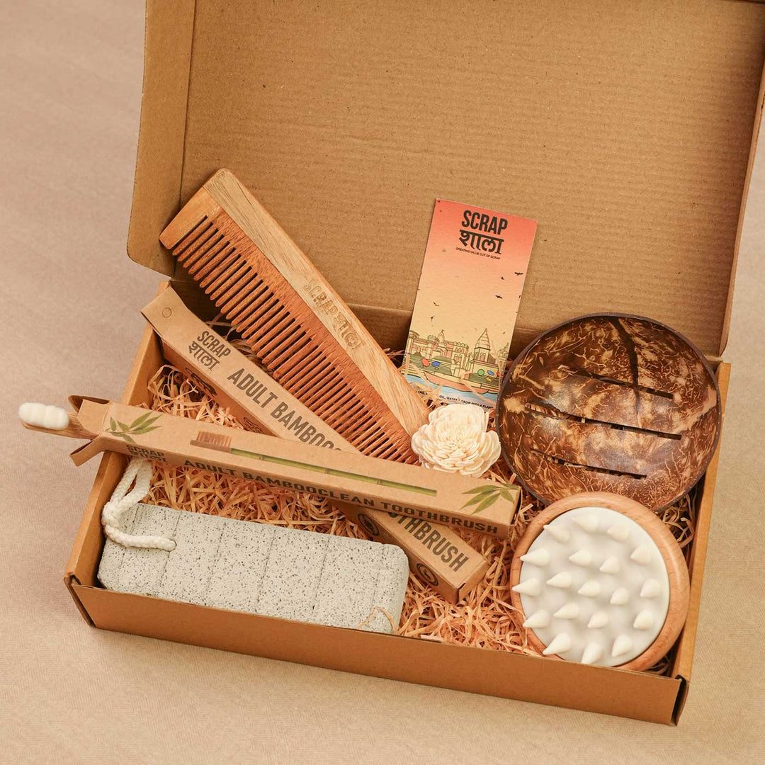 Handmade Nature'S Touch And Care Hamper | Includes Coconut Soap Case, Nano Bamboo Toothbrushes, Neem Comb, Wooden Head Massager, Pumice Stone, Seed Card And Outer Box